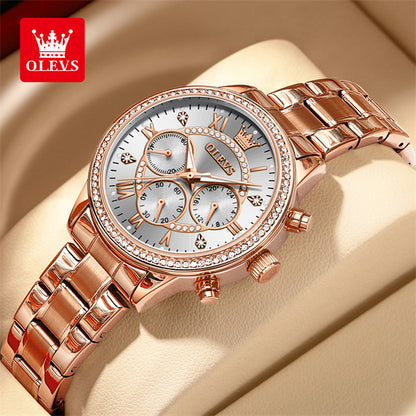 OLEVS-reloj de cuarzo para mujer, cronógrafo de lujo con esfera de diamante, acero inoxidable dorado, resistente al agua, clásico, tres esferas pequeñas