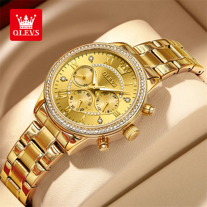 OLEVS-reloj de cuarzo para mujer, cronógrafo de lujo con esfera de diamante, acero inoxidable dorado, resistente al agua, clásico, tres esferas pequeñas