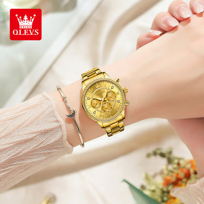 OLEVS-reloj de cuarzo para mujer, cronógrafo de lujo con esfera de diamante, acero inoxidable dorado, resistente al agua, clásico, tres esferas pequeñas